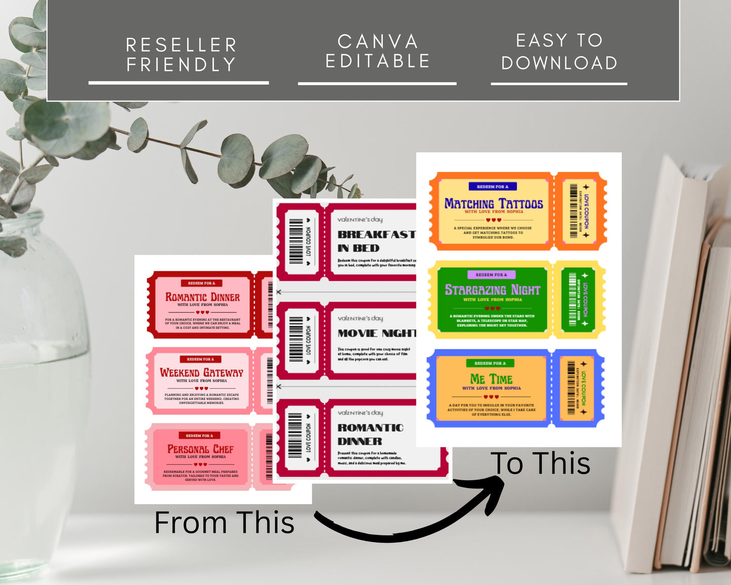 The image is a collage of various colorful tickets, including romantic dinner, movie night, and other event tickets, with a vase of greenery in the background.
