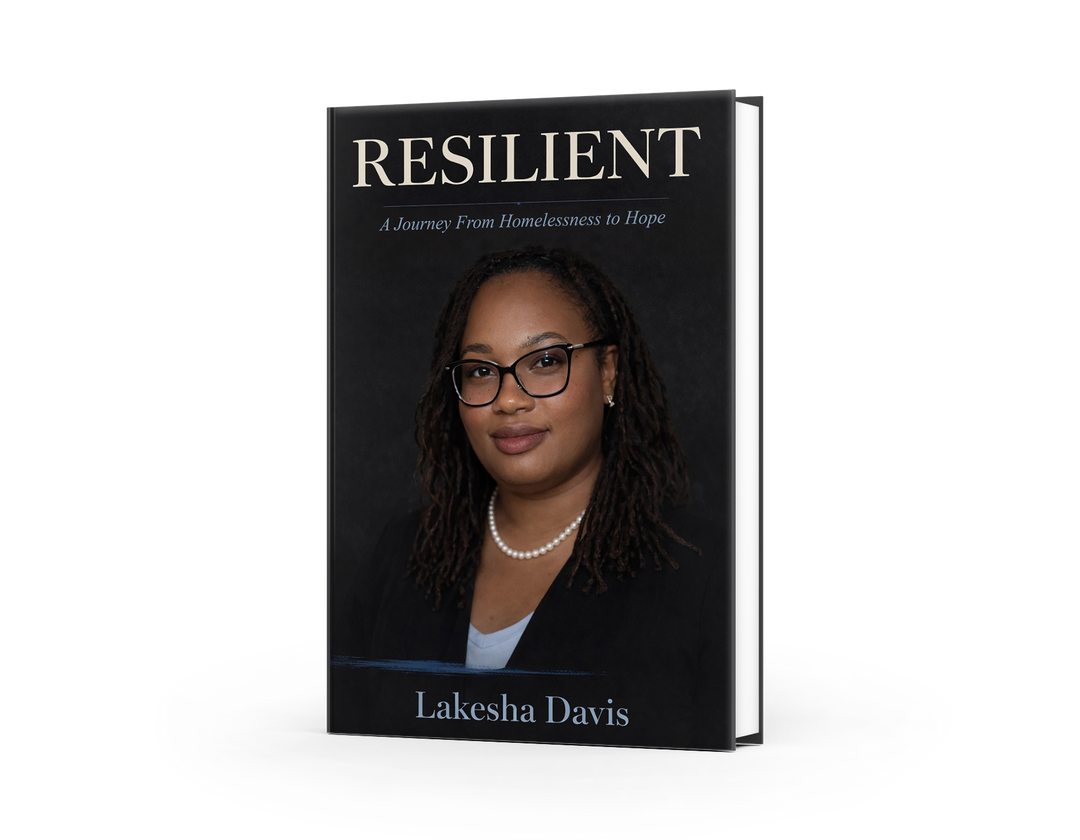 Cover of RESILIENT: A Journey From Homelessness to Hope by Lakesha Davis. Black hardcover with the title in cream serif capitals above a portrait of the author.