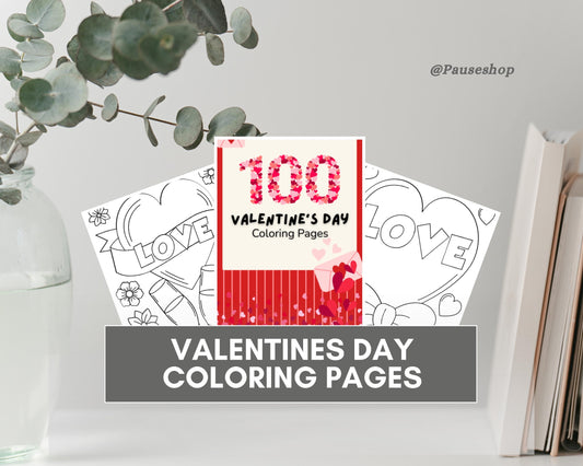 The image is a promotional graphic for a Valentine's Day coloring book, featuring a red and white color scheme with the text "100 VALENTINE'S DAY Coloring Pages" prominently displayed.