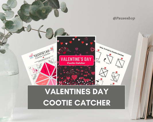 The image is a collage featuring Valentine's Day-themed items, including a book titled "Valentine's Day Cootie Catcher" and a Valentine's Day-themed puzzle.