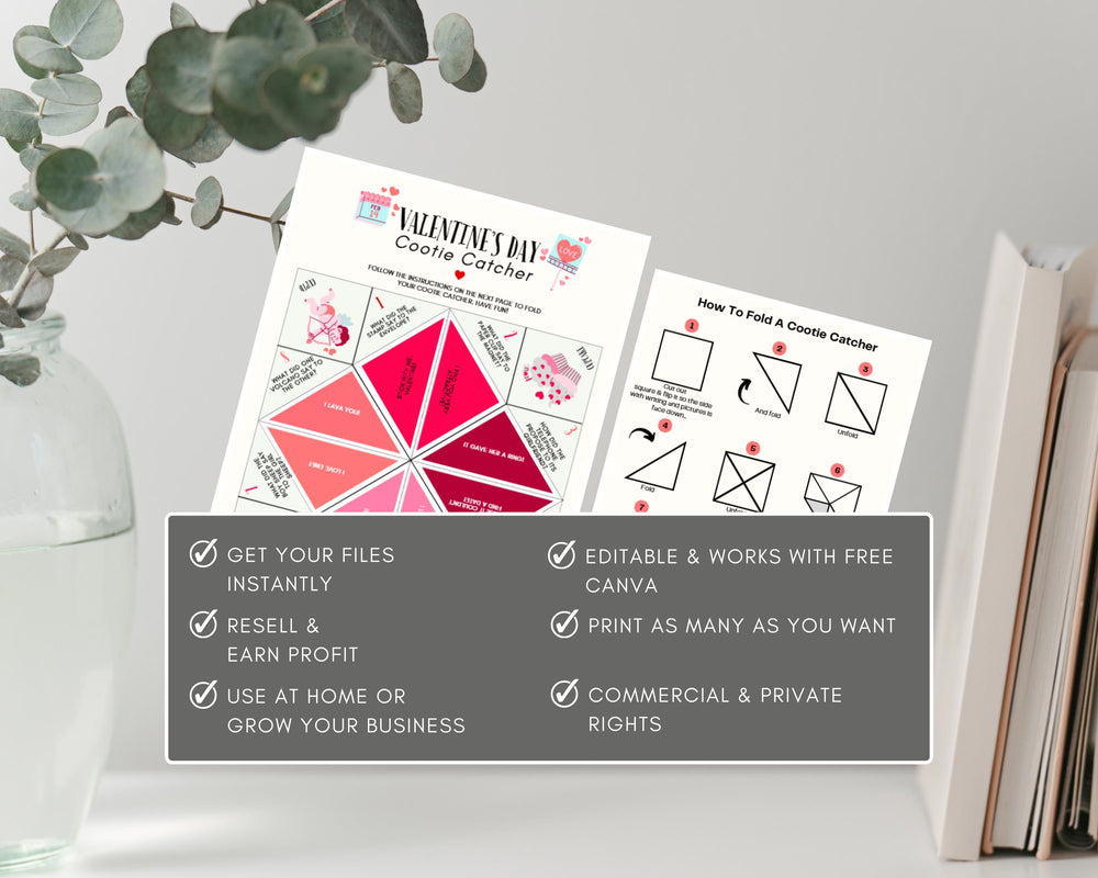 The image is a collage of two images, one showing a Valentine's Day cooie catcher and the other displaying instructions for folding a cooie catcher.