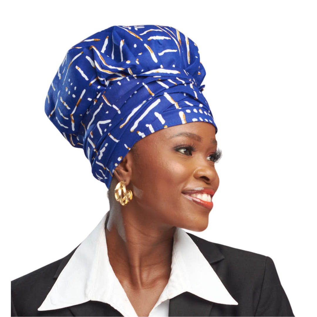 Temi no-tie headwrap in blue African print, side view