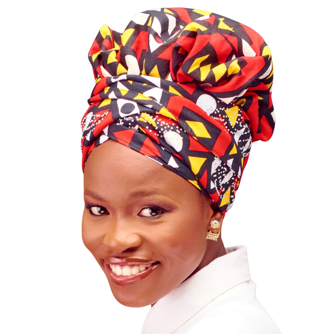 Ayaba no-tie headwrap in bold red with shine detail