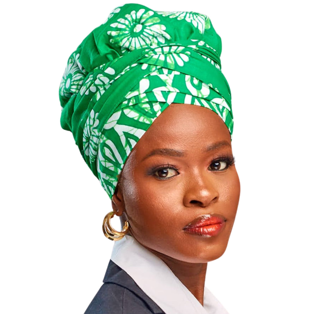 Ife no-tie headwrap in green and white African print