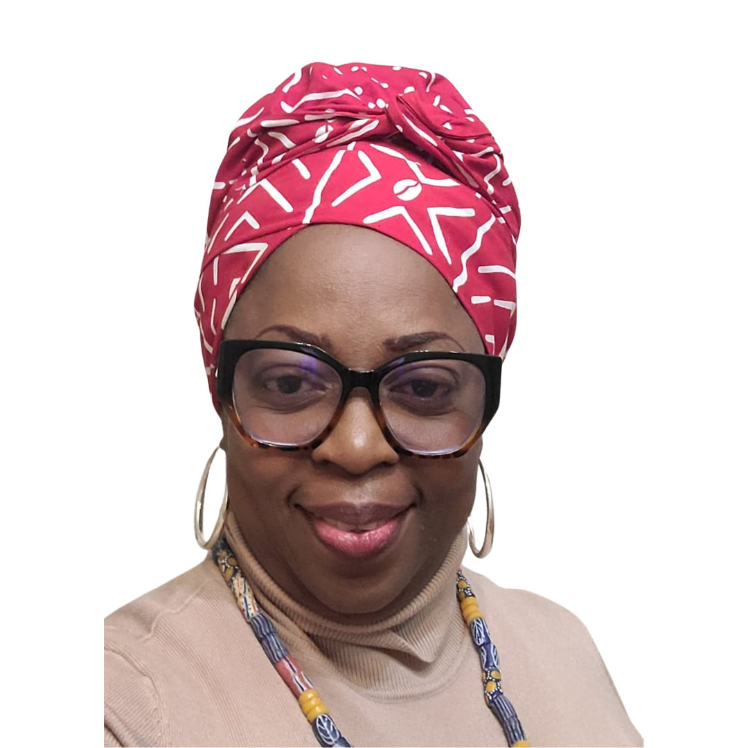Adun no-tie headwrap in red mudcloth inspired print