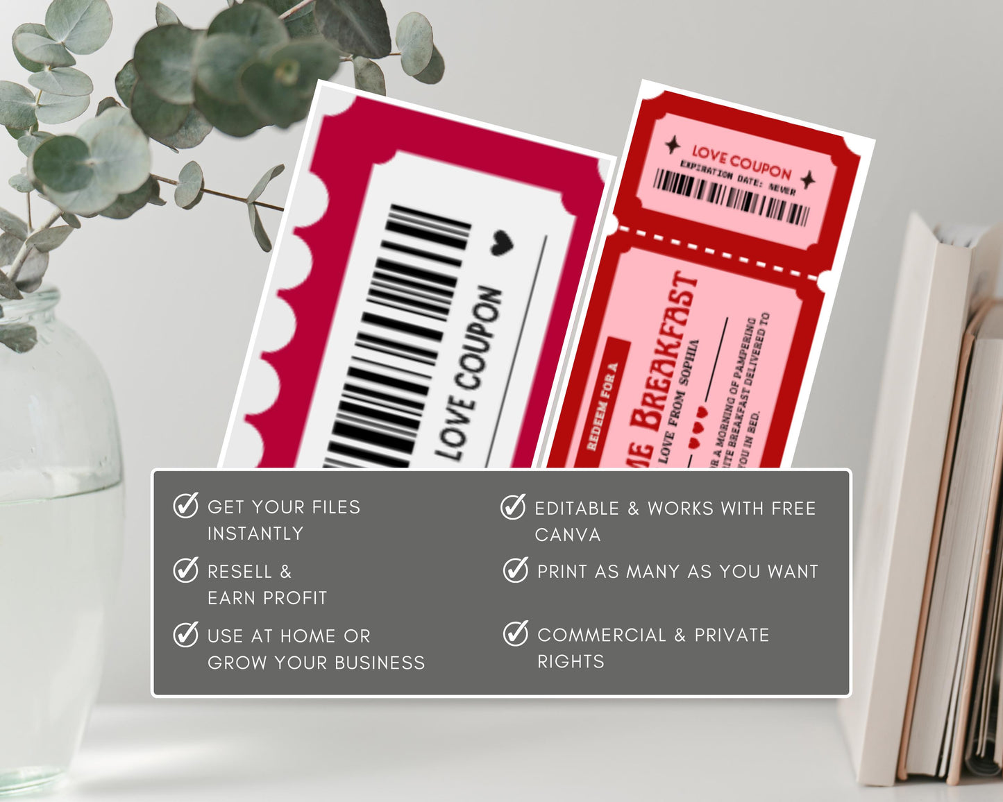 a red and white ticket-shaped love ticket with a barcode, placed on a white surface next to a vase with greenery. The ticket appears to be a gift or a promotional item.