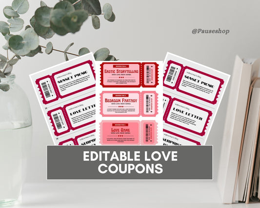 a collection of red and pink love tickets, along with a plant and some books, all arranged on a white surface.