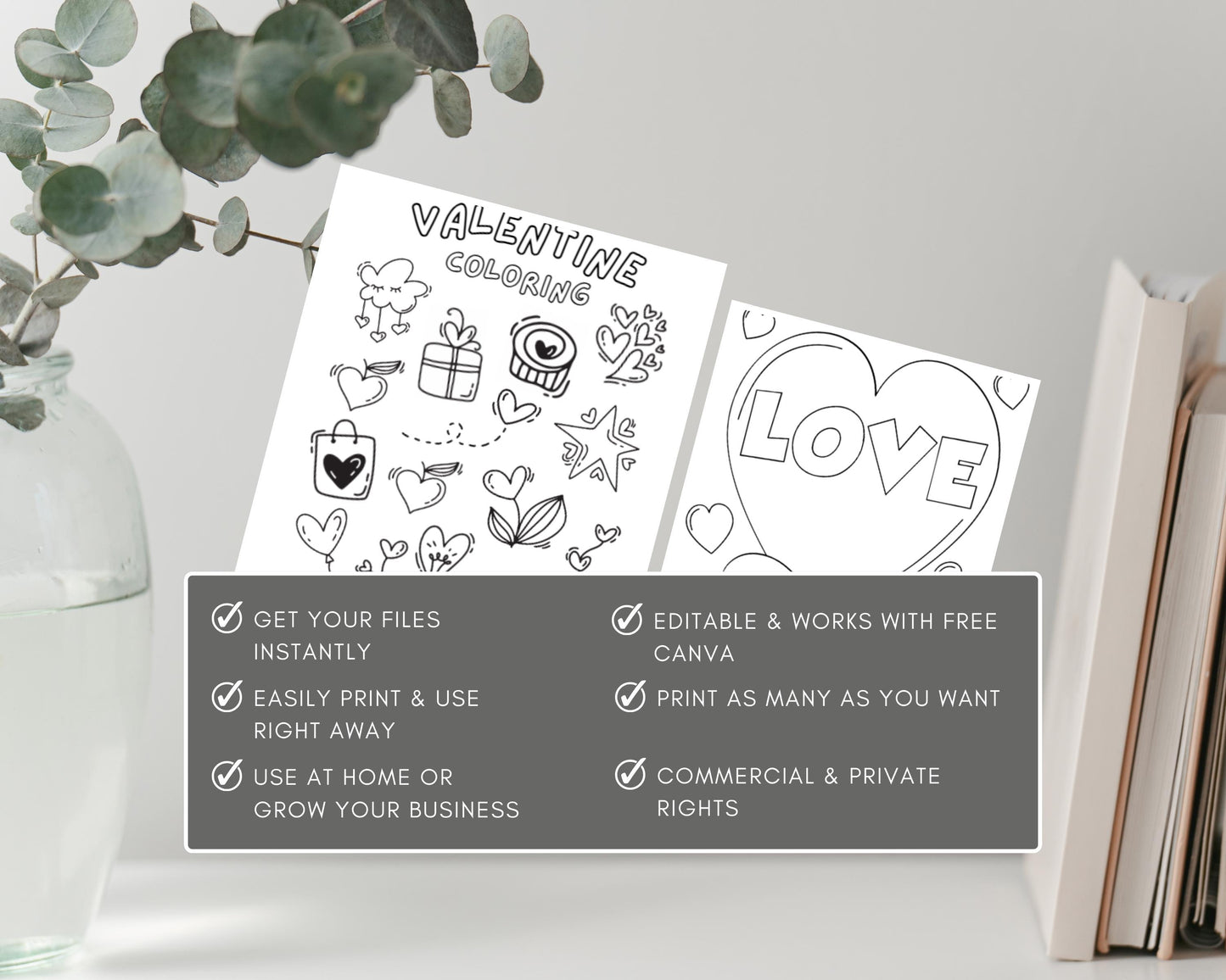 The image is a promotional image for a Valentine's Coloring book, featuring a white card with black illustrations and text, and a black and white illustration of a heart with the word "LOVE" written on it.