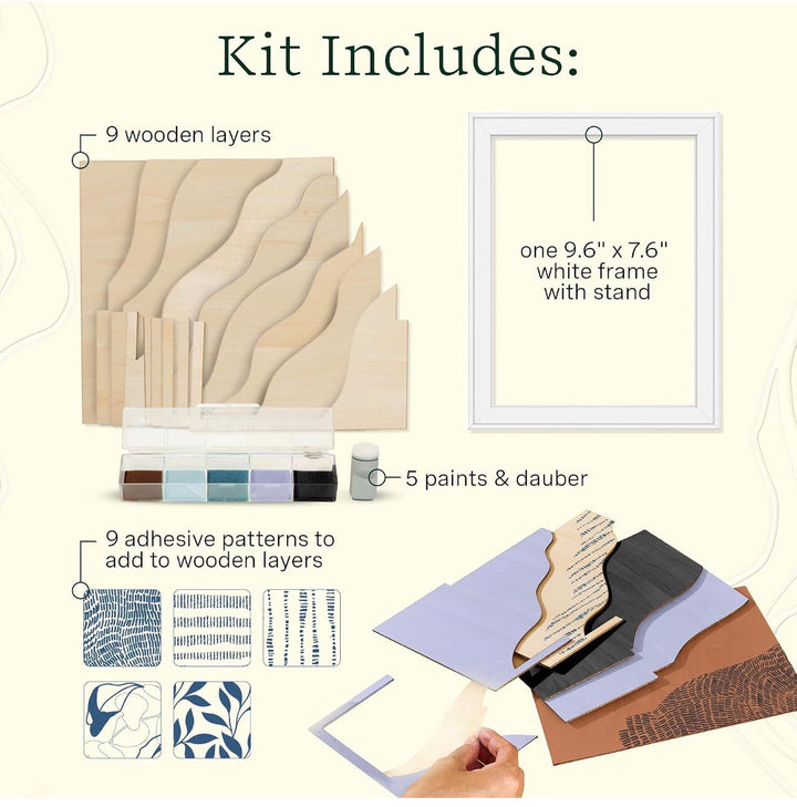 What the kit includes, nine wooden layers, five paints and a dauber, nine adhesive patterns and a white frame