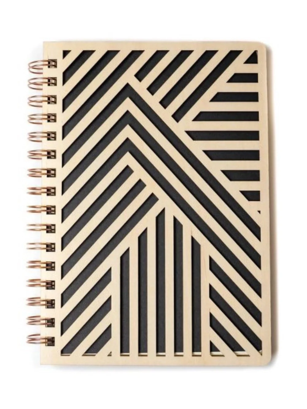 Denik spiral bound notebook with a laser cut birch wood cover in a black and natural chevron pattern and copper wire binding