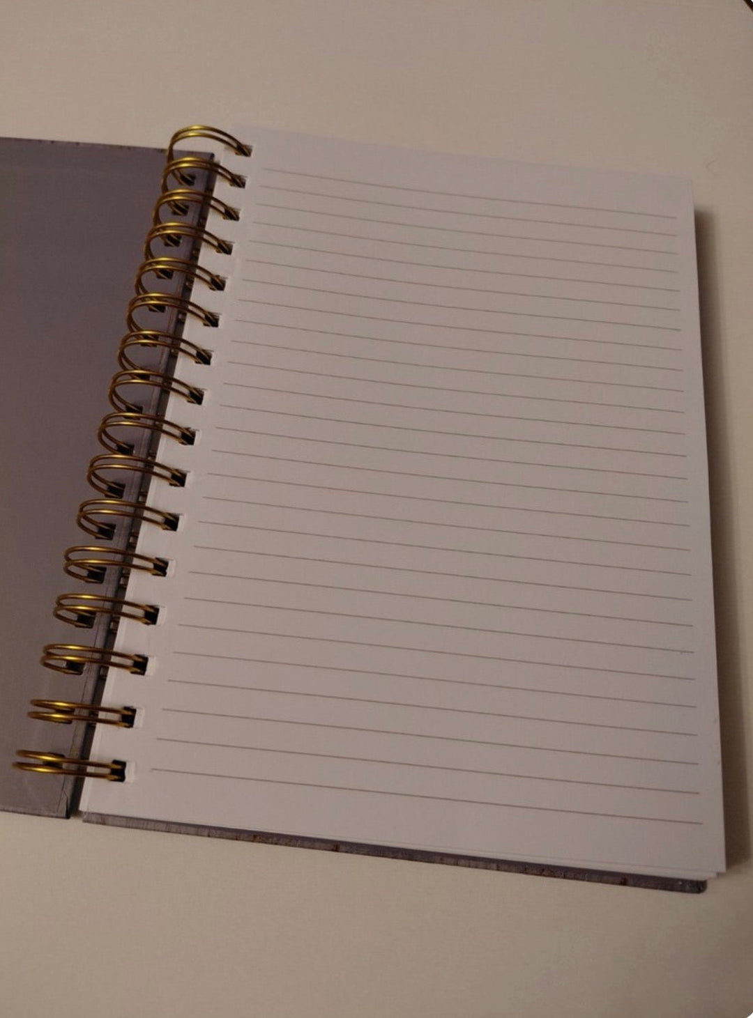 Inside the Fueled by Jesus and Coffee notebook, lined pages with gold spiral binding