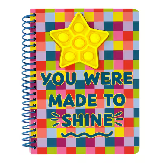 You Were Made to Shine spiral notebook with a rainbow checkerboard cover and a yellow star pop fidget
