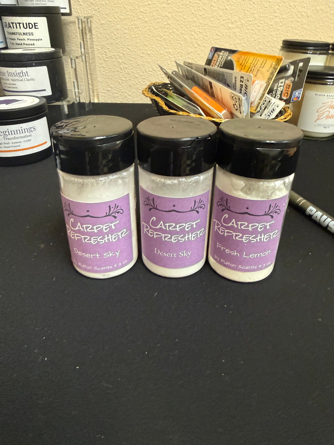 All three Carpet Refresher scents by Fulton Scents, Fresh Lemon, Desert Sky and Cactus Water